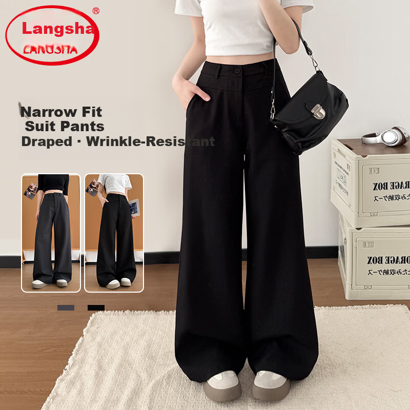 Langsha High-Waist Single-Button Draped Straight-Leg Wide-Leg Pants for Women Spring Summer Slim Fit Casual Trousers