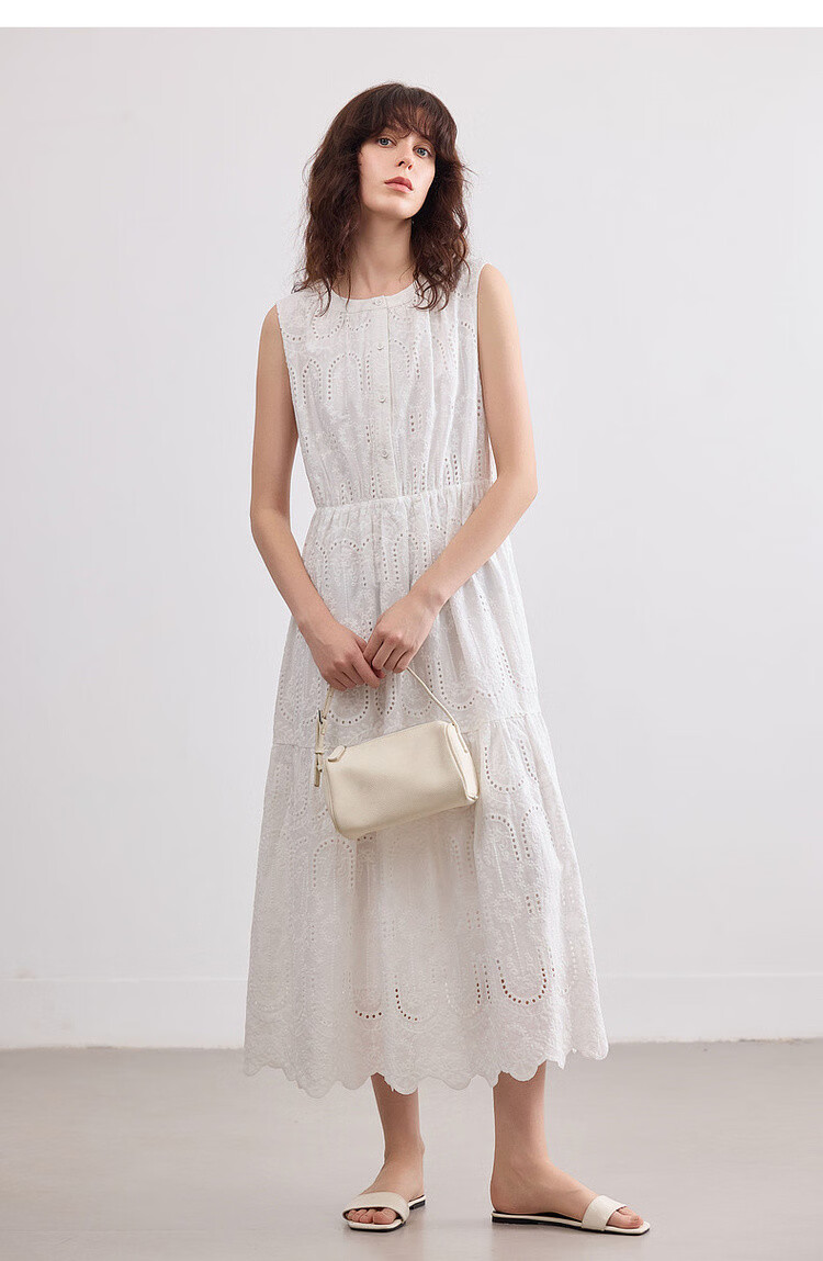 Demana [Cloud Breath Pure Cotton] Summer Artistic Fresh Heavy Embroidery Sleeveless Waist-Cinched A-Line Mid-Length Dress for Women 16
