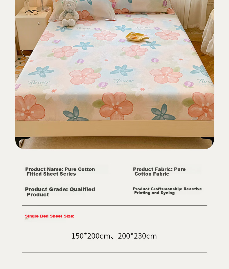 Hodo 100% Cotton Fitted Sheet Mattress Protector Cover Pure Cotton Bed Cover 1.5x2m 13