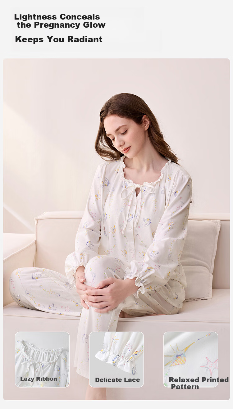 YEEHOO 26th Anniversary New Maternity Postpartum Pure Cotton Nursing Pajamas 10A Antibacterial with Built-in Chest Pads Ocean Pearl XL 4