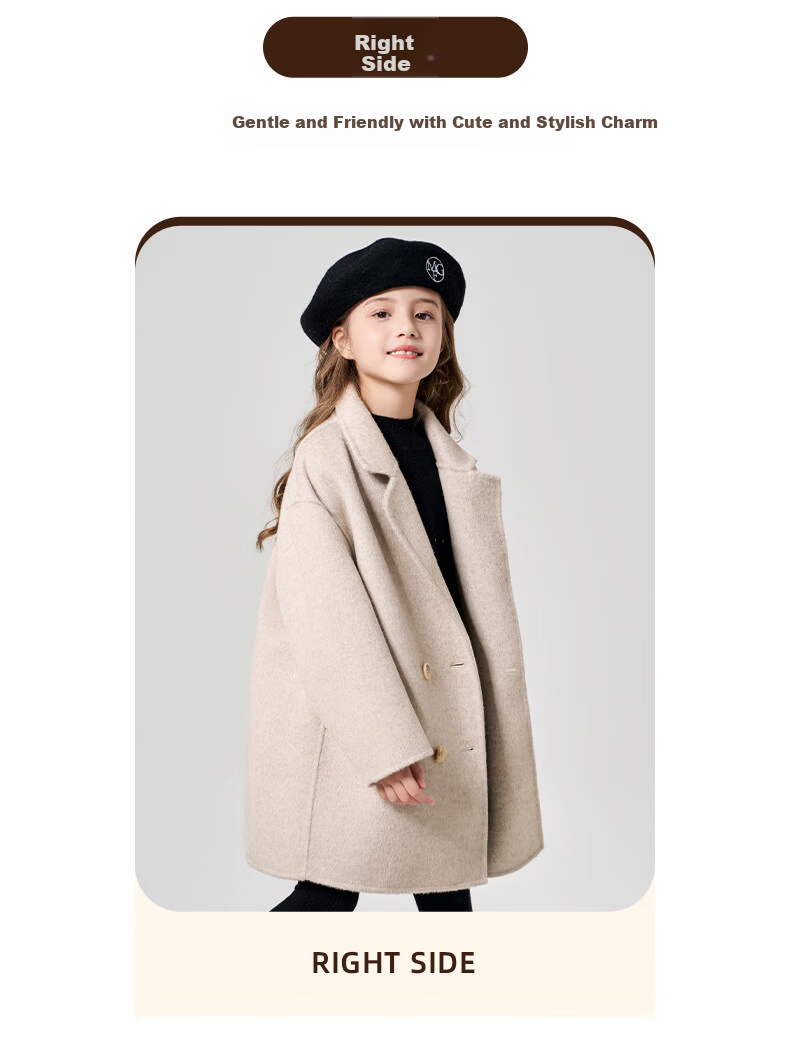 Romon Girls' Double-Sided Wool Coat Autumn Winter Children's Stylish Mid-Length Thick Woolen Jacket Milk Tea White 130 4