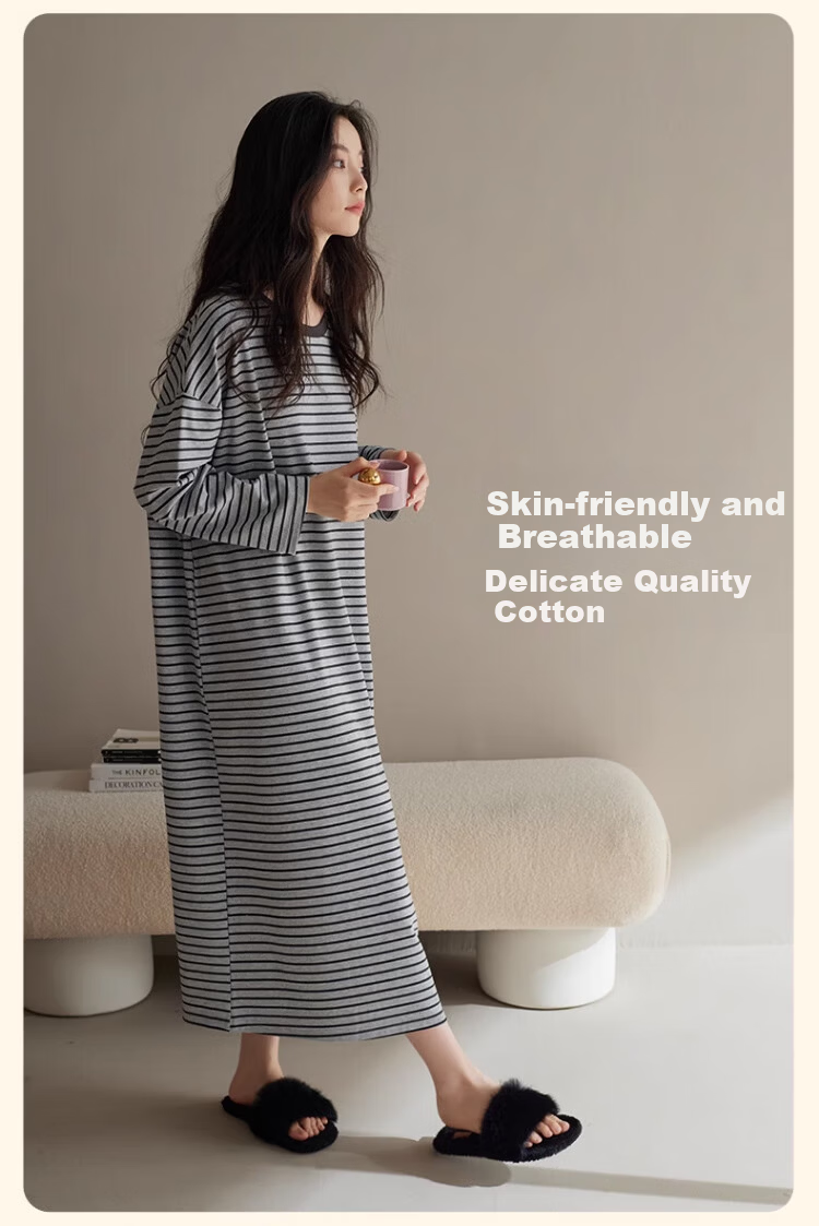 GUJIN Spring Autumn New Pure Cotton Women's Long Nightgown Homewear Casual Loose Plus Size Sleepwear with Chest Pad L 10