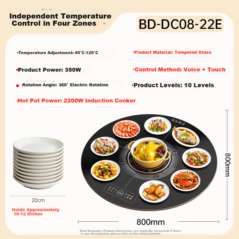 Triangle Warm Dish Board Food Warmer Home Heating Plate Multi-Function Electric Dining Table Automatic Rotating Electric Heating Plate 80cm Four-Zone + Induction Cooker Hot Pot