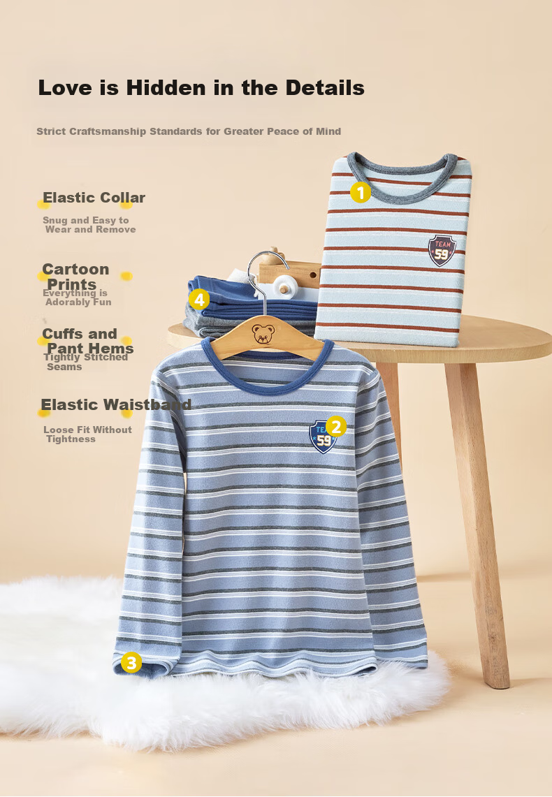 YING BO LUN Cotton Children's Thermal Underwear Autumn Wear Set, Fall And Winter Cotton Sweater School Uniform Essential, 80762 Blue-Gray, Size 130 4