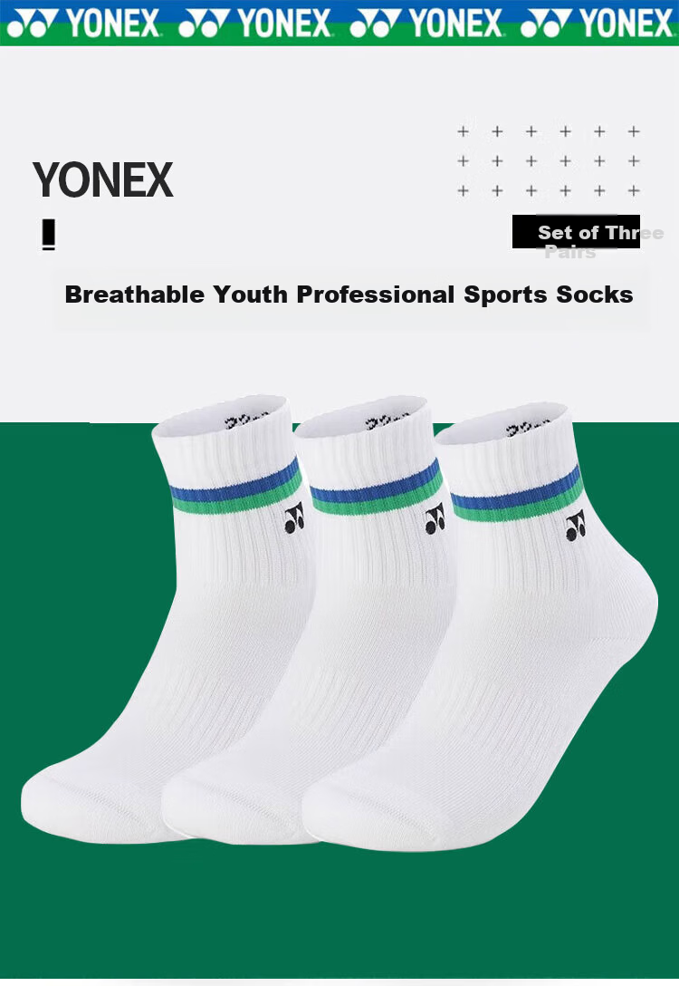 Yonex Badminton Socks Sweat-Absorbing Breathable Youth Professional Sports Socks 3450425BCR White Triple Pack 18