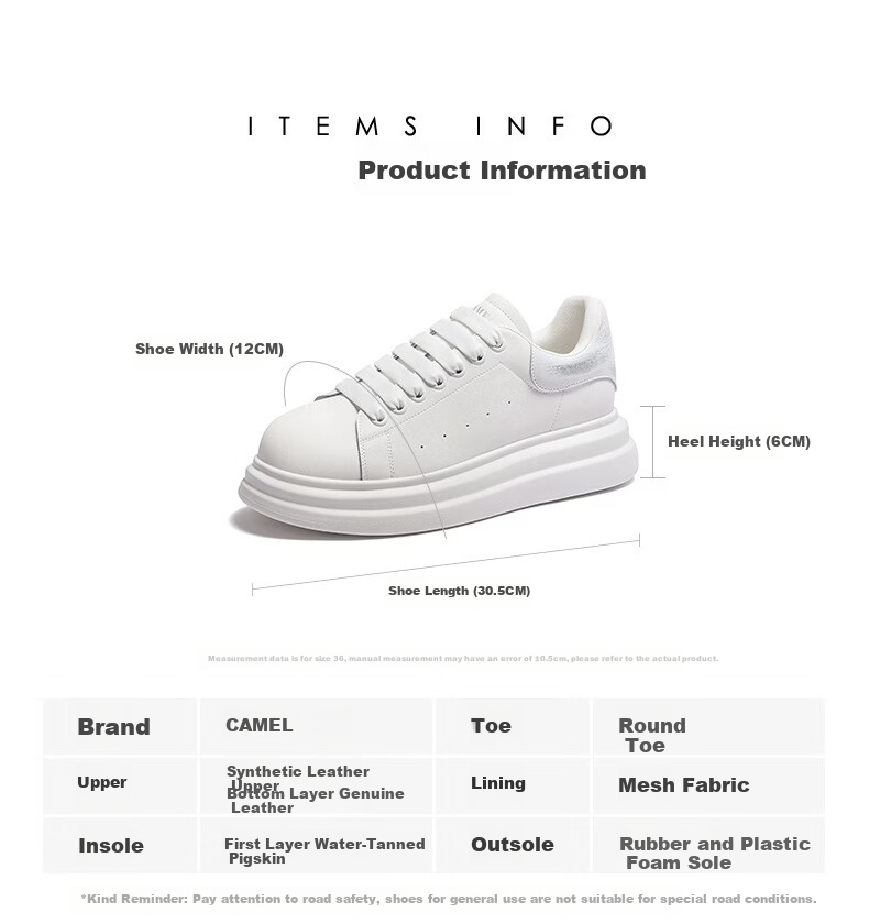 CAMEL Men's Casual Classic White Sneakers Thick Sole Height Increasing Shoes L15S548064 White/Black Size 43 16