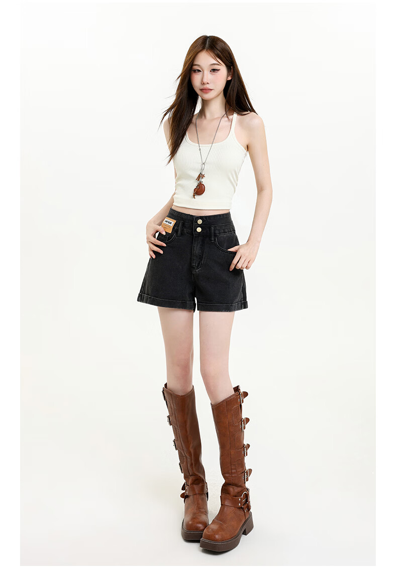 Jeanswest Women's Summer 2026 High-Waist Loose Slimming Wide-Leg A-Line Black Gray Denim Shorts S 11
