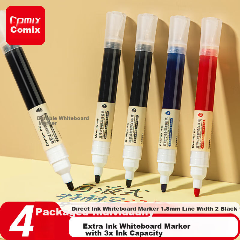 Comix Durable Liquid Ink Whiteboard Marker 1.8mm Erasable Non-Smudge Office Meeting Parent-Child Teaching Colored Whiteboard Markers 3-Color Assorted 4pcs/Box Stationery EW716