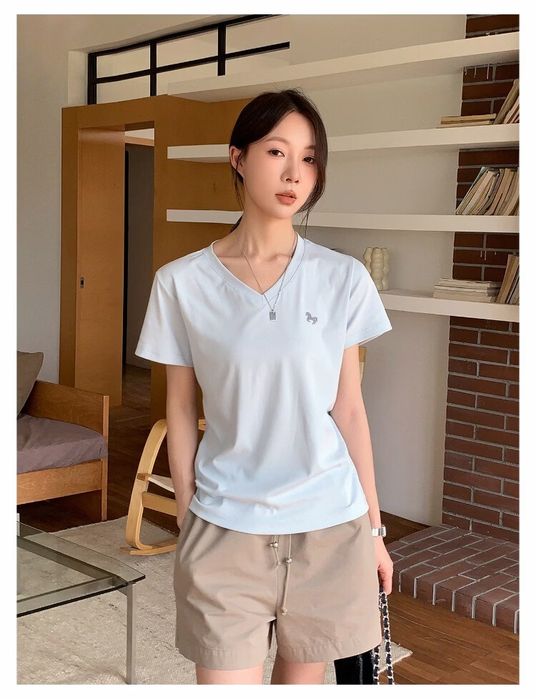 ICH MODE Women's V-Neck Pony Embroidered Short Sleeve T-Shirt Summer Tee 2026 New Slim Fit Top Heather Gray L 11