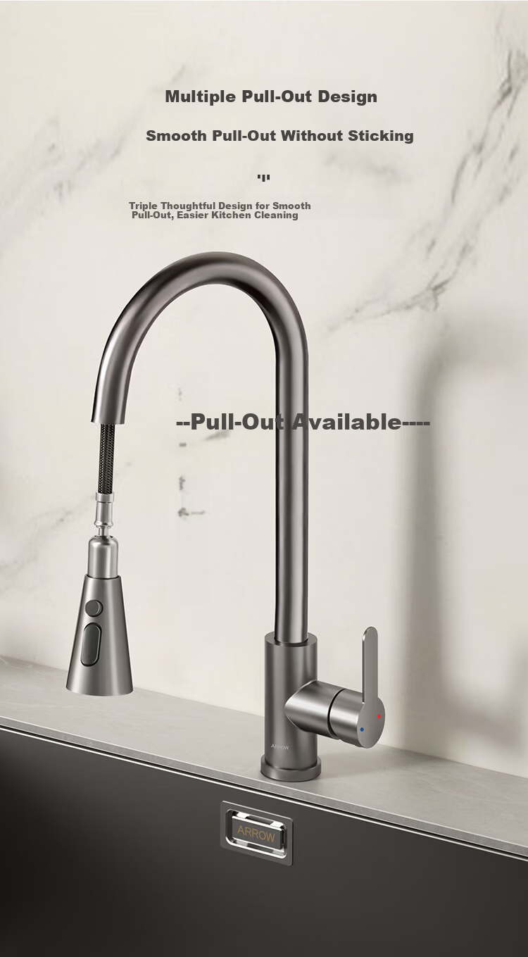 ARROW Kitchen Faucet Gunmetal Gray Dual Control Pull-Out Stainless Steel Sink Faucet 15