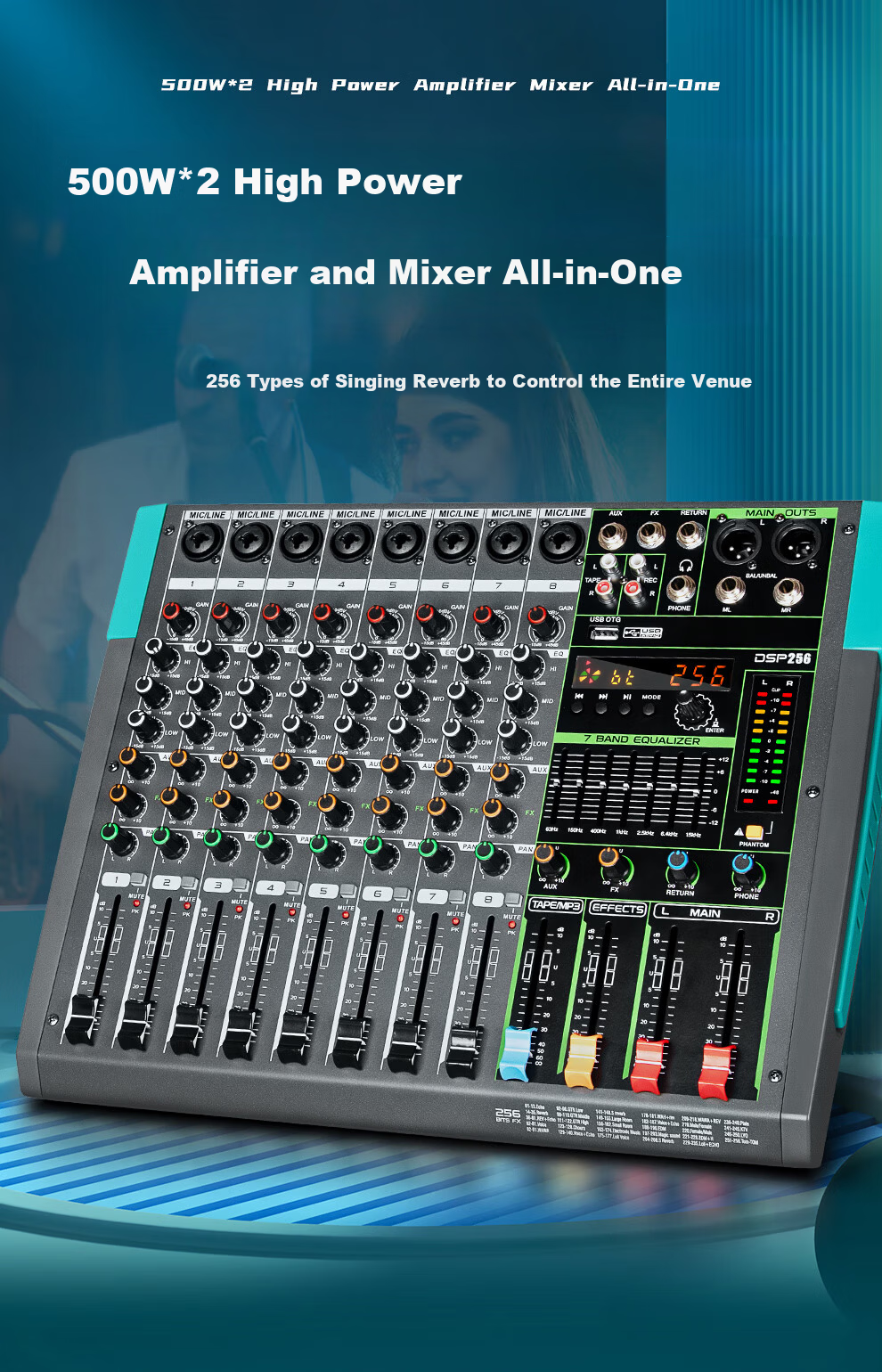 Depusheng GT2 8-Channel Mixer Amplifier All-in-One Stage Performance Home KTV Wedding Bar Conference 256 Reverb Bluetooth USB Single 15-Inch 500W*2 High Power 1