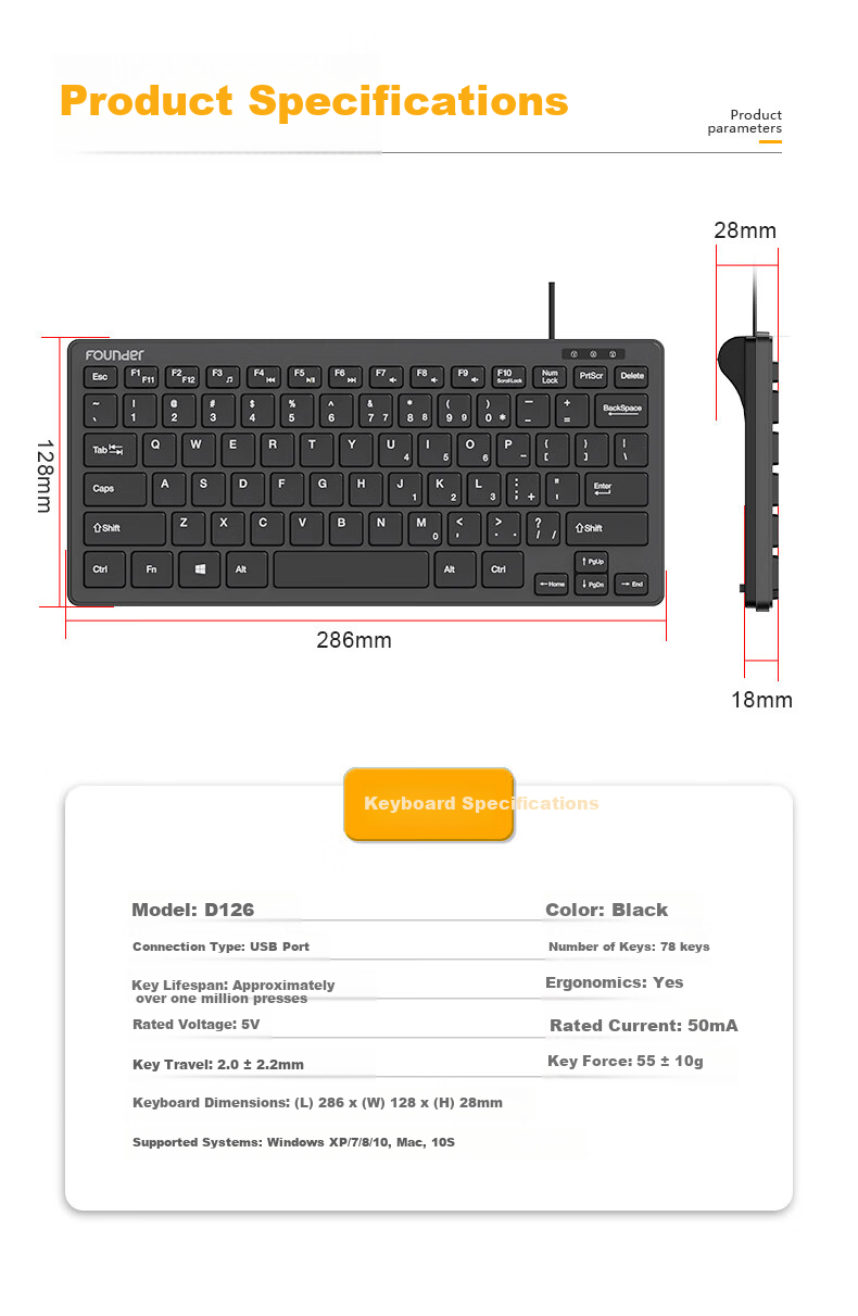 Founder D126 Mini 78-Key Chocolate Keycap Portable Black Wired Office Keyboard Universal USB Interface Laptop External Keyboard 10