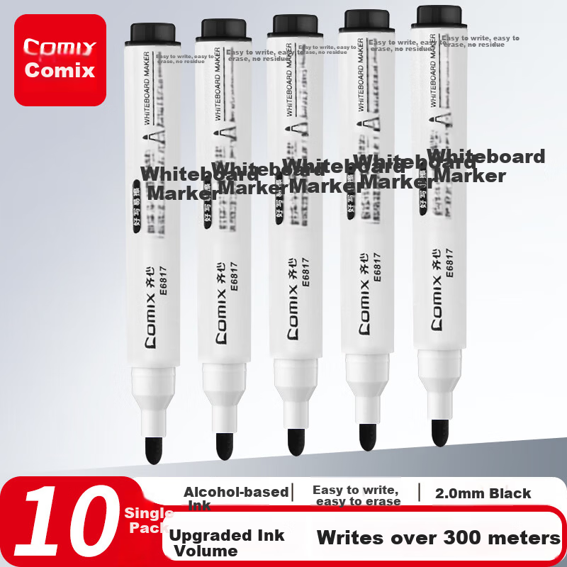 Comix Thick Tip Erasable Whiteboard Markers Durable Office Stationery Black 10pcs/Box E6817