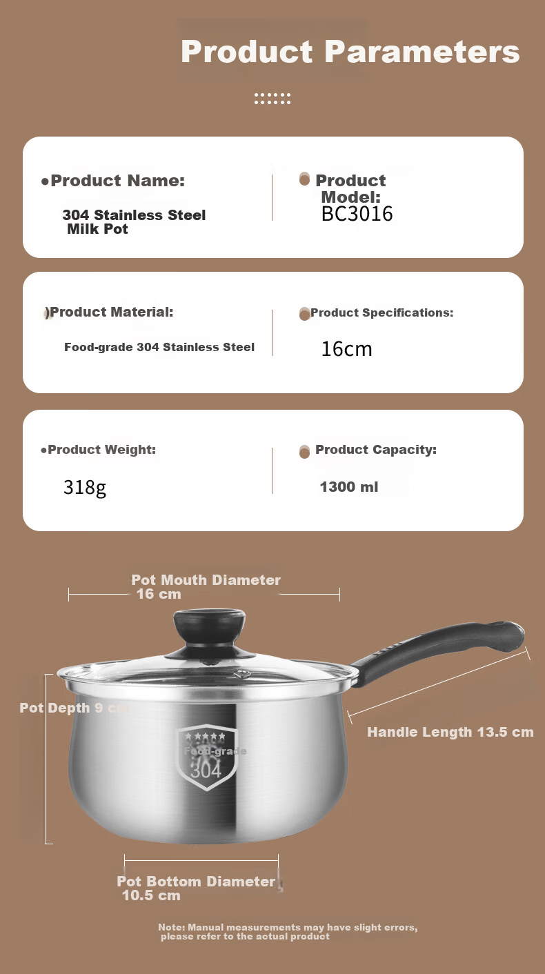 BSITN 304 Stainless Steel Non-Stick Milk Pot, 18cm Small Milk Pot, Baby Food Pot, Cooking Pot, Compatible with Gas And Induction Stoves, 1530 11