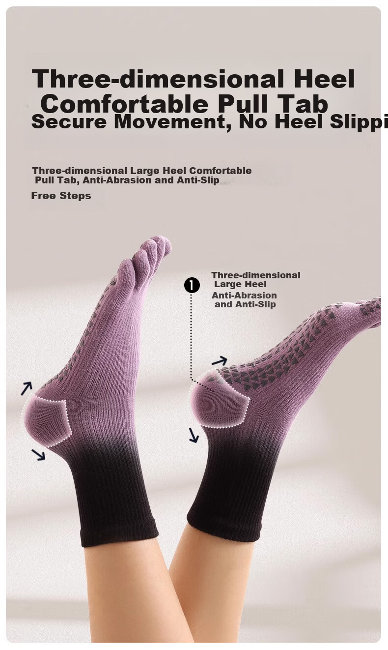 Dewick Five-Toe Yoga Socks Professional Non-Slip Pilates Training Indoor Fitness Toe Separation Mid-Calf Purple Faux Two-Piece 7