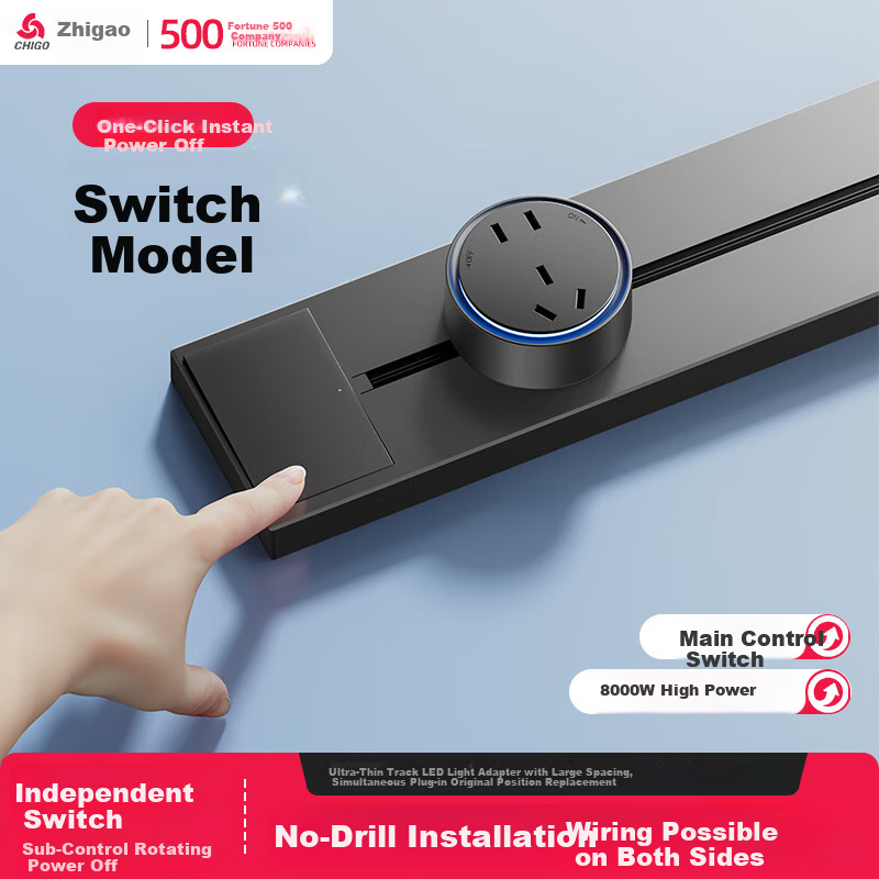 CHIGO Track Socket with Switch Master Control Ultra-thin High Power Wall-mounted Rail Socket Surface-mounted Movable Kitchen Slide Rail Socket 50cm + 3 Black Five-hole Outlets