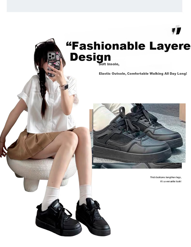 Global Thick-Soled Black Sneakers for Women Spring Summer 2026 New Trendy Versatile Casual Sporty Height-Increasing Shoes for Women 3