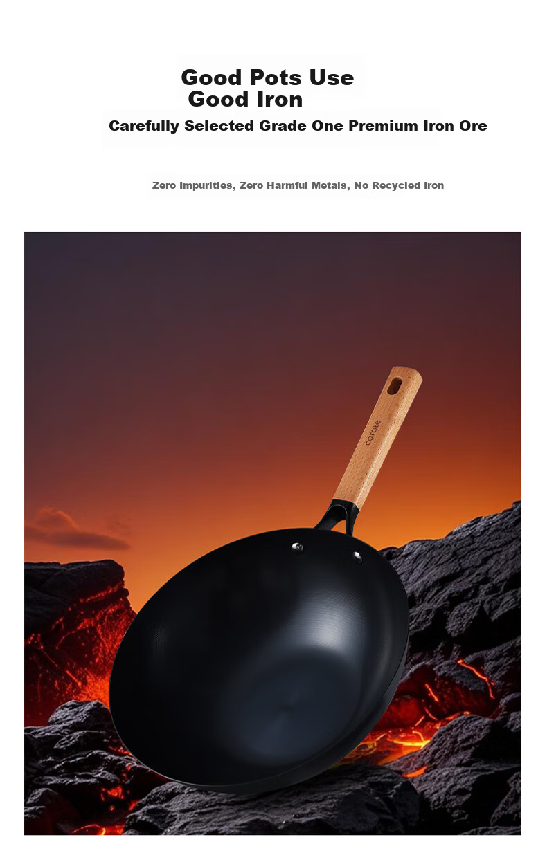 Carote Iron Wok, Home Cooking Pan, Non-Coated Non-Stick Pan, Suitable for Induction And Gas Stoves, Traditional Style, 32cm with Lid 10