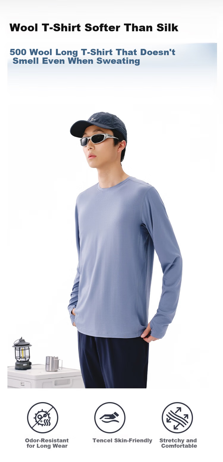 JD Jingzao Men's Base Layer Wool Long Sleeve Outdoor Sports T-Shirt High Elasticity Thermal Underwear Heather Blue 3XL 3