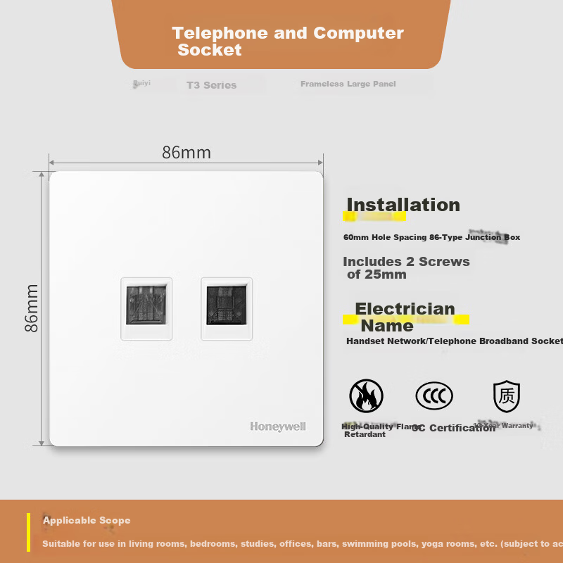 Honeywell Ultra-Thin Frameless Matte Skin-Friendly 86-Type Switch Socket Panel Phone Computer Socket Ruiyi T3 Aurora White