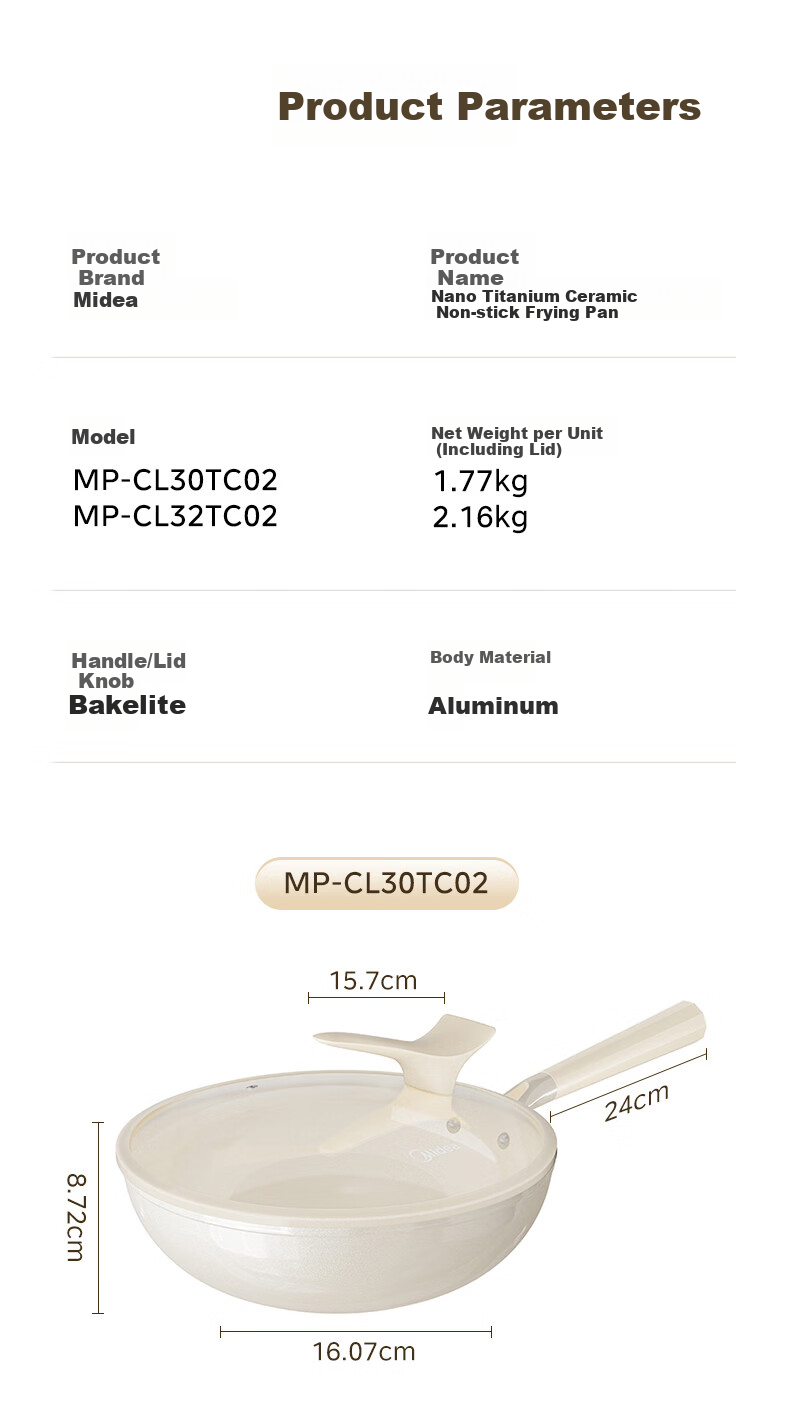 Midea Non-Stick Titanium Ceramic Frying Wok, Fluorine-Free, Low Oil Smoke, Suitable for Gas Stove and Induction Cooker 13