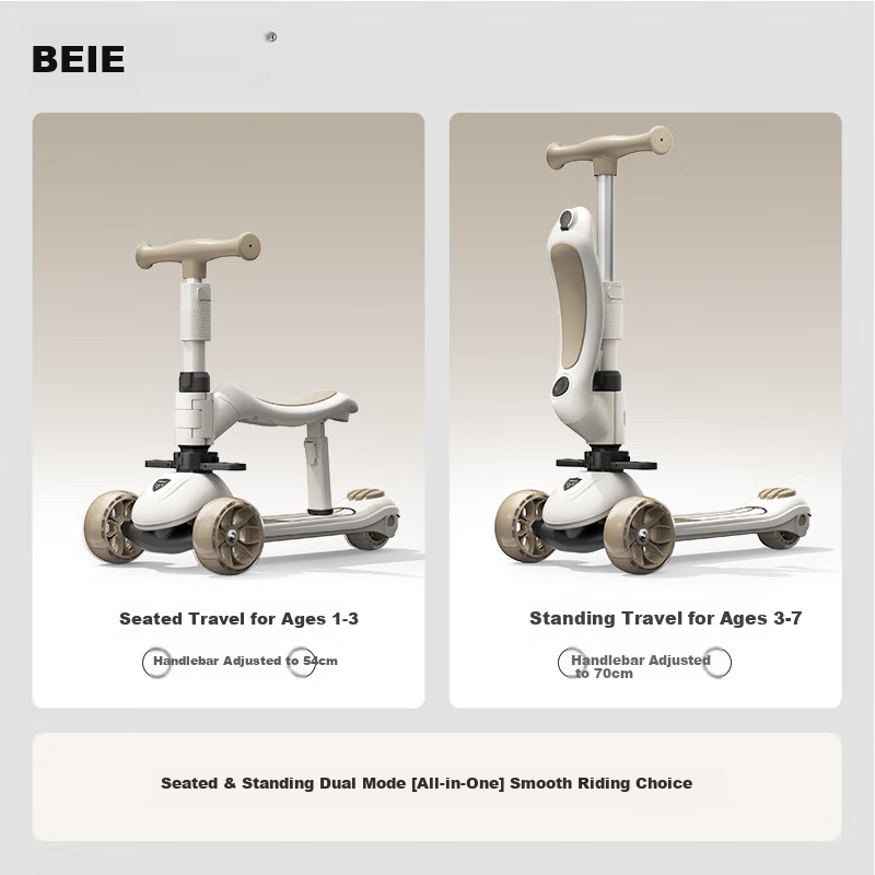 BEIESTATE Supreme Pro 7-in-1 Scooter Foldable Kids Scooter for Ages 1-3-6 Birthday Gift Mica Gray