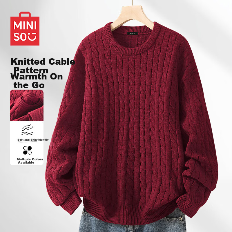 MINISO Men's Round Neck Red Sweater Autumn Winter Warm Anti-Cold Casual Couple Knitwear Maroon L
