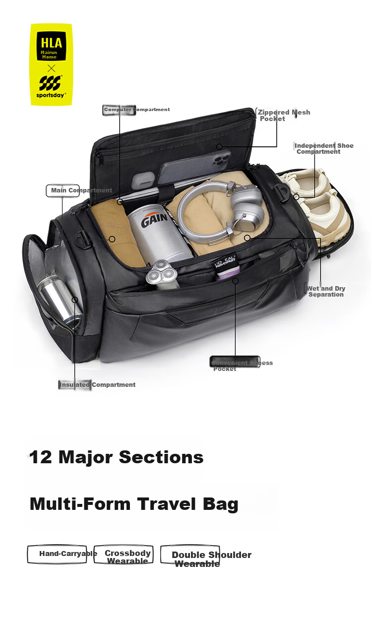 HLA Men's Large Capacity Multifunctional Travel Bag Handheld Backpack Shoulder Crossbody Bag for Business Trip Travel Sports Fitness 1
