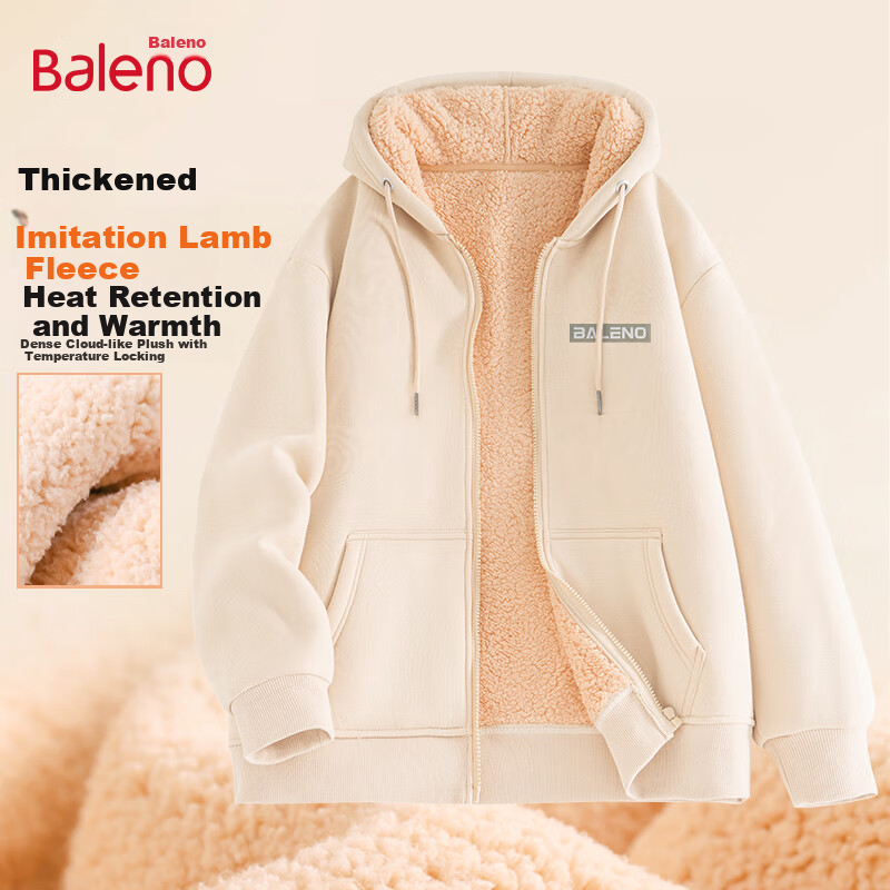 Baleno Men's Winter 2025 Fleece-Lined Thickened Lamb Wool Hoodie Jacket Warm Zip-Up Sweatshirt