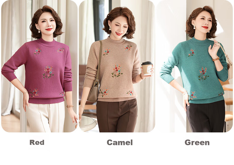 QIUFULUO Women's Winter Fleece-Lined Thick High-Quality Sweater Middle-Aged and Elderly Fashion Warm Knit Base Shirt for 50s and 60s 3