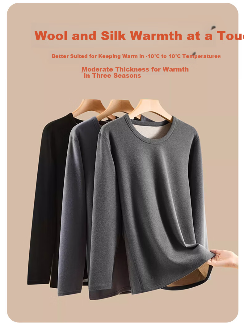 LangSha Men's Autumn Shirt 25 Fall/Winter New Wool Silk 10A Antibacterial Crew Neck Thermal Base Layer Shirt 7