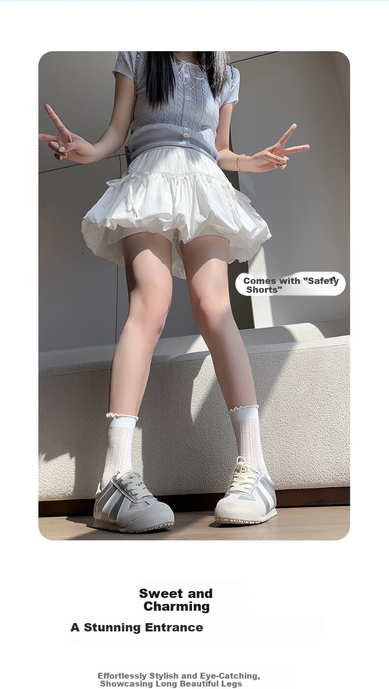 BOPRUIEY White Bud Short Skirt Women's Summer Anti-Exposure High-Waist Cloud Puff A-Line Skirt with Bow 4
