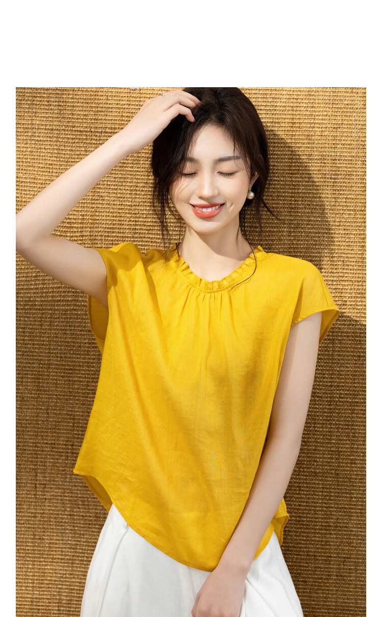 Demana [Ramie Lyocell Blend] Summer Artistic Style Ruffled Round Neck Cap Sleeve Slim Fit Shirt for Women High-End Feel 11