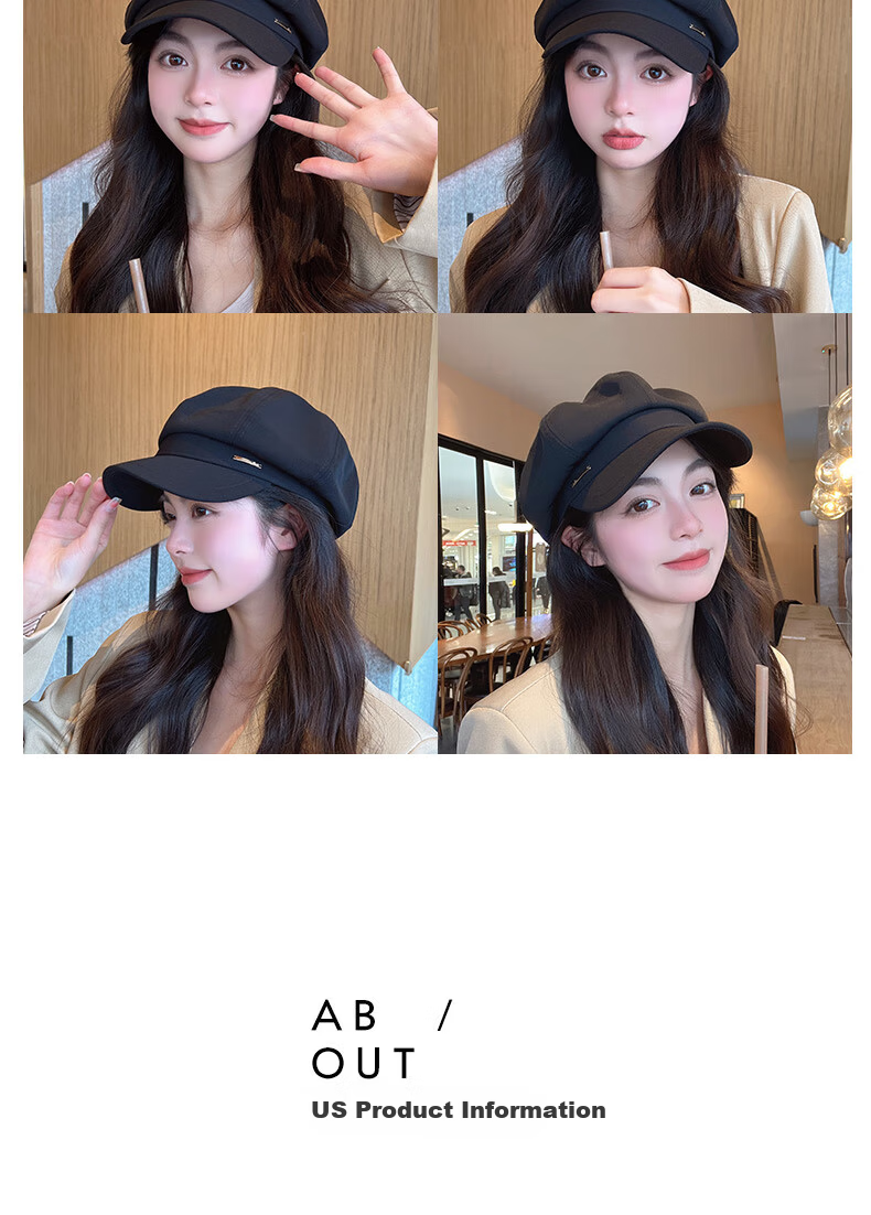 XUEXIMAN Women's Beret Hat Black Vintage Duckbill Octagonal Cap Large Head Circumference 3