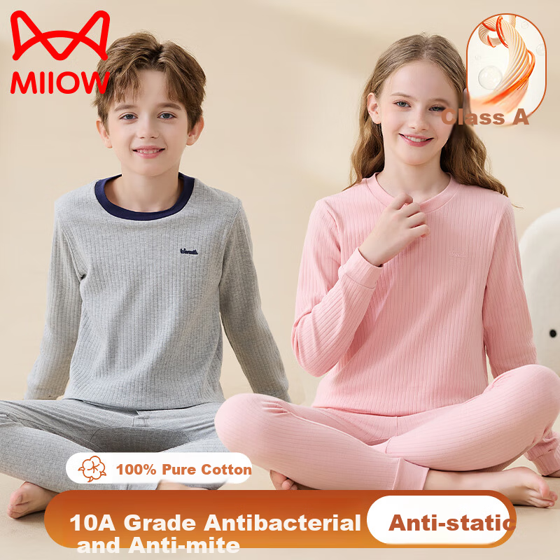MiiOW Kids Cotton Thermal Underwear Set Boys Girls Long Johns Pajamas Full Cotton Autumn Winter Warm Base Layer