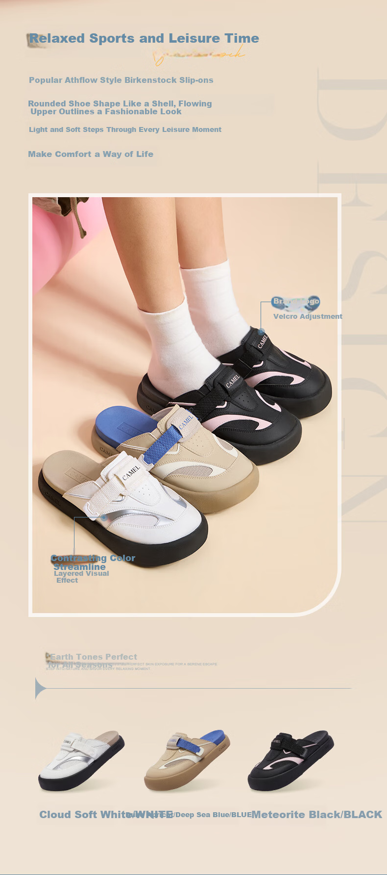 CAMEL Yunbei Women's Lightweight Soft Sports Style Birkenstock Half-Slip Casual Shoes L26S076030 White Size 37 7