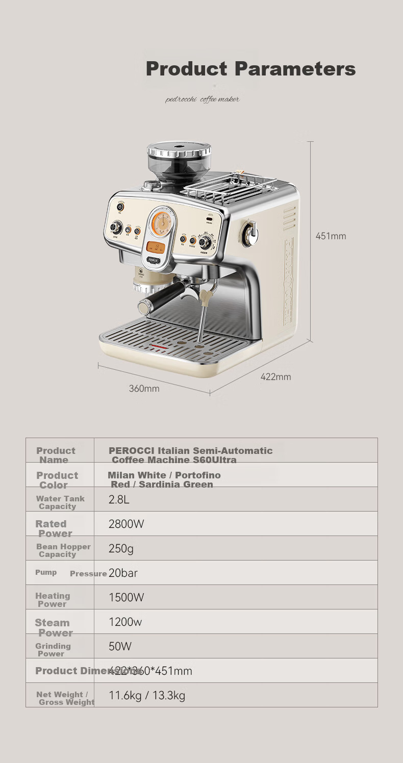 Pedrocchi S60 Ultra Cold Brew Semi-Automatic Espresso Coffee Grinder Machine, Smart Powdering and Tamping, Home and Commercial Use, Milan White 20