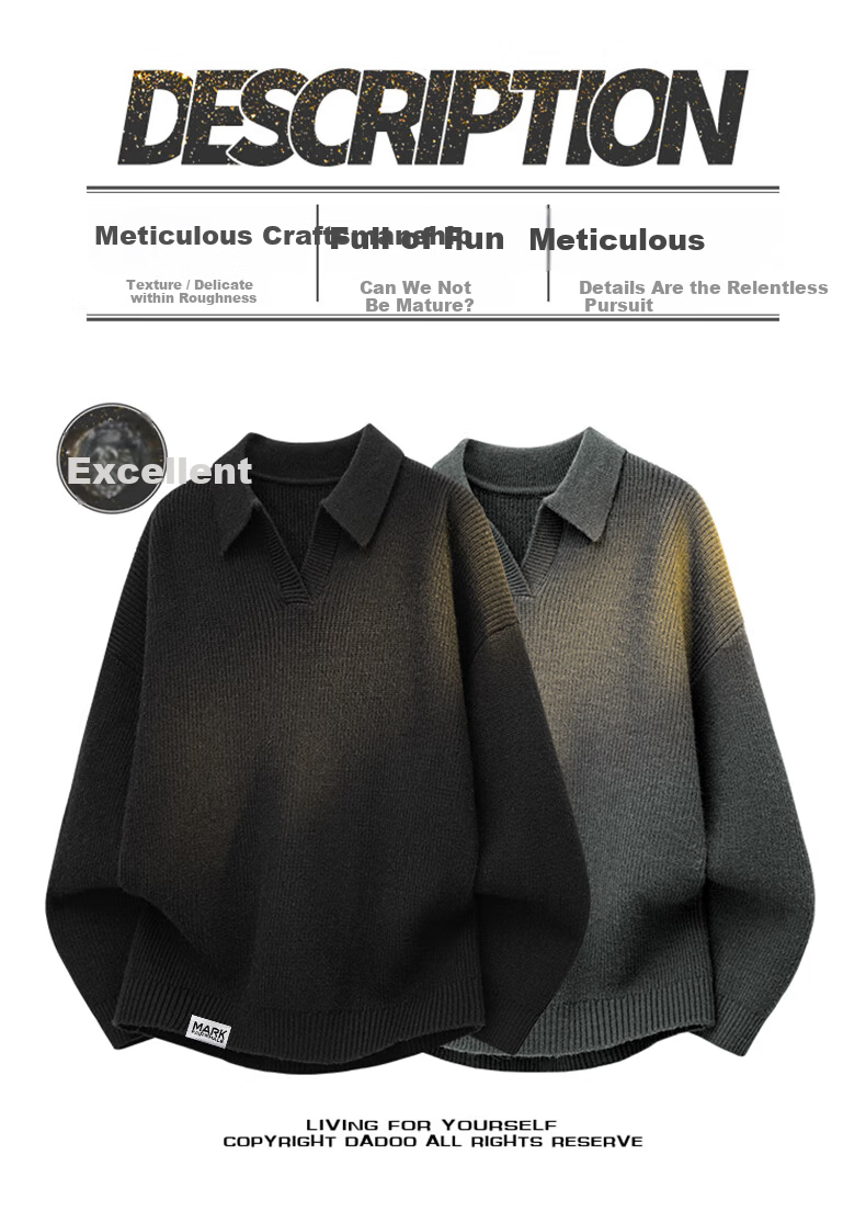 Mark Fairwhale Men's Sweater Autumn Winter Loose Fit Lapel Pullover Knitwear Youth Top Gray Apricot 2XL 1