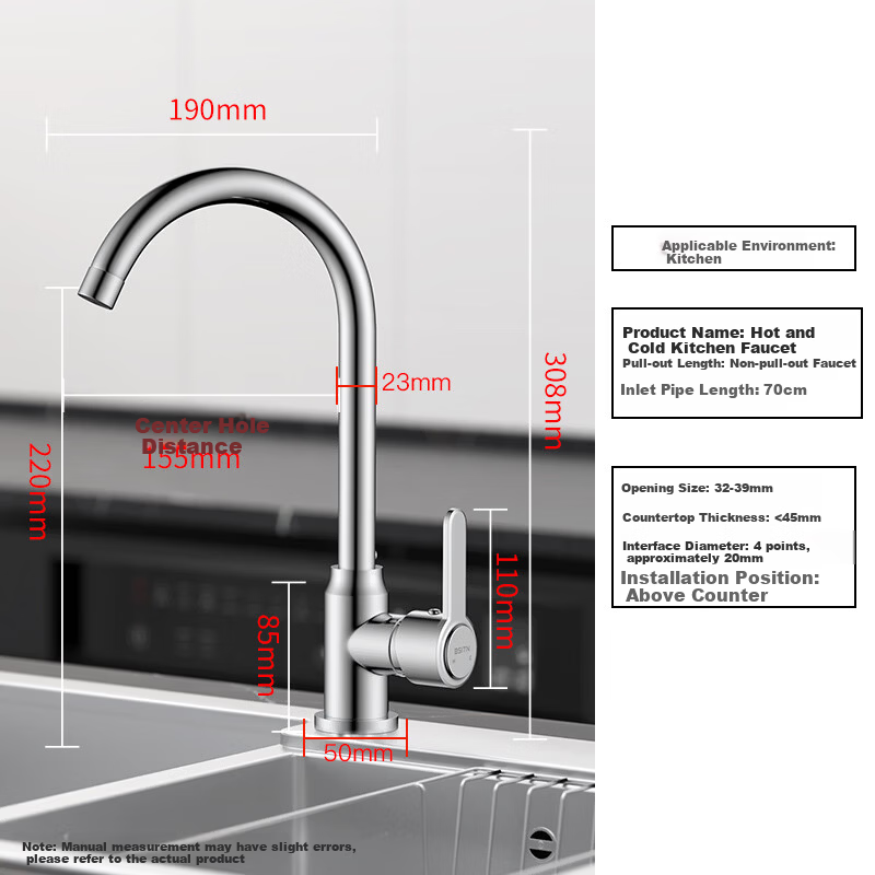 BSITN Kitchen Sink Faucet Hot and Cold Brass Double Temperature High Polish Rotatable BC001