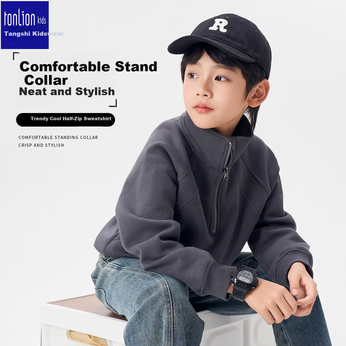 TonLion Kids Hoodie Spring and Autumn Stand Collar Jacket Boys Girls Autumn Half High Collar Zipper Sportswear Long Sleeve Top