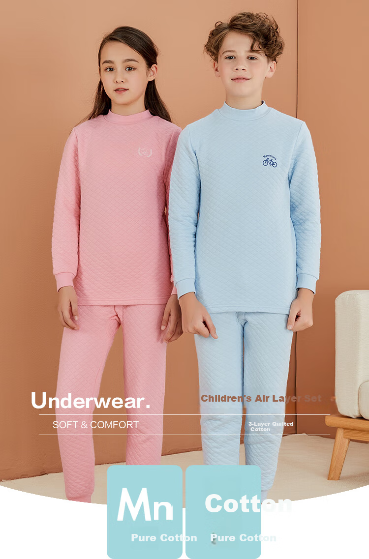 Hodohome Kids Thermal Underwear Girls' Half Turtleneck Pure Cotton Triple-Layer Quilted Thickened Air Layer Autumn Top and Bottom Set 206 Pink Size 130 2
