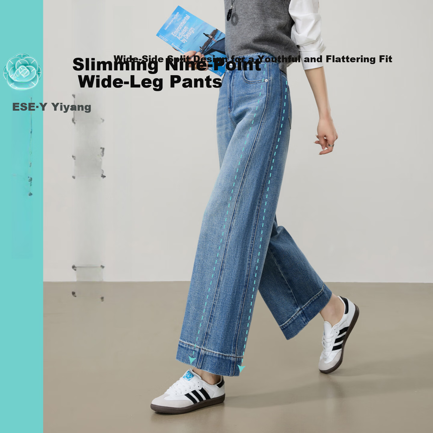 ESE-Y Slim Fit Cropped Wide-Leg Jeans for Women 26 Spring New Wide-Edge Straight-Leg Petite Blue 30