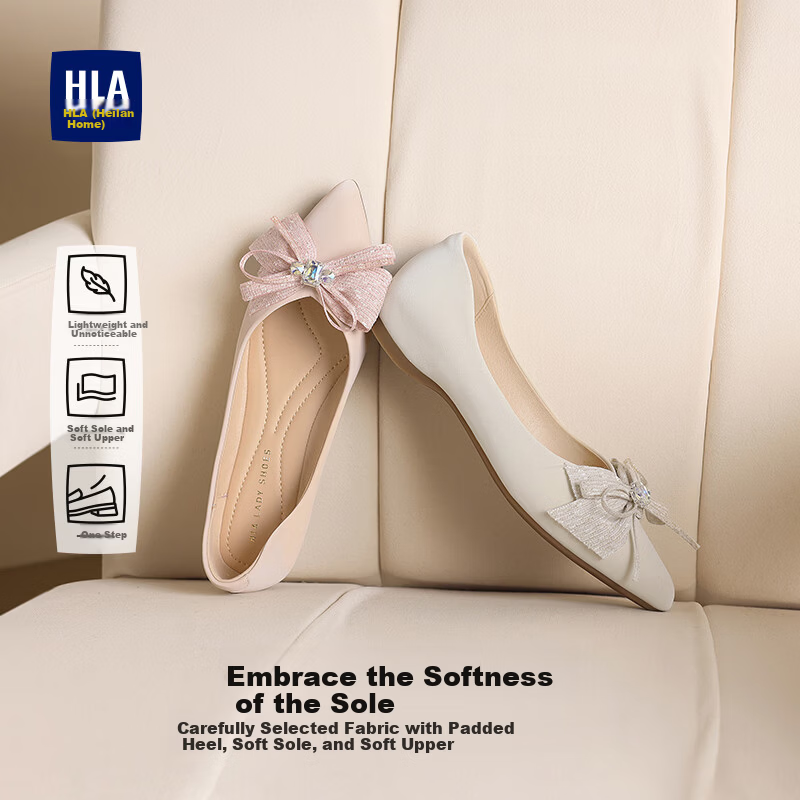 HLA French Style Flat Shoes for Women Bow Fairy Shoes Comfortable Commuter Shoes HDADXW1DEN025 Beige Size 38