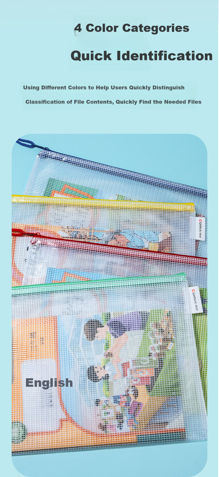 COMIX 10 A4 Thick Transparent Zipper File Folders for Elementary School Subject Classification, Exam Paper Storage, Middle And High School Supplies, Homework Organizer, Exam Bag with Mesh EA5020-10 2