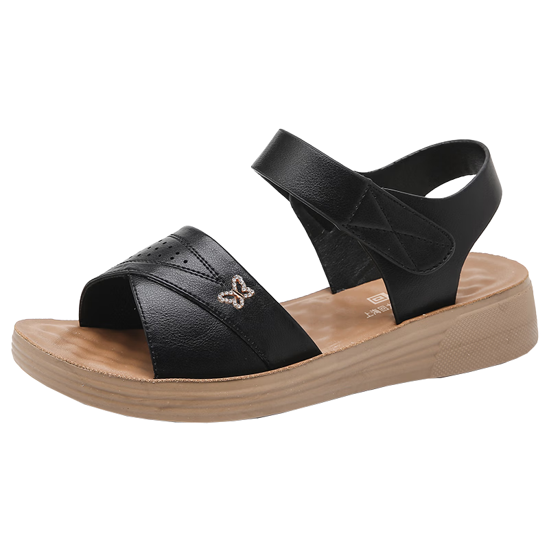 Warrior Mom Sandals 2026 New Summer Middle-aged and Elderly Flat Non-slip Soft Sole Women's Shoes 1203 Black Size 37