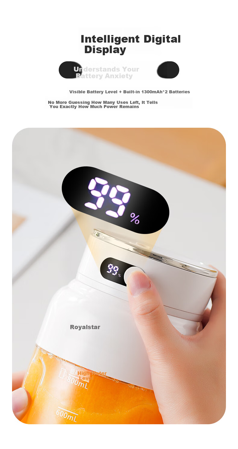 Royalstar Large Capacity Wireless Portable Juicer Multifunctional Juice Blender Ice Crushing Milkshake Fruit and Vegetable Cup Digital Display Direct Drinking 1200ML RZ-80PY1 3