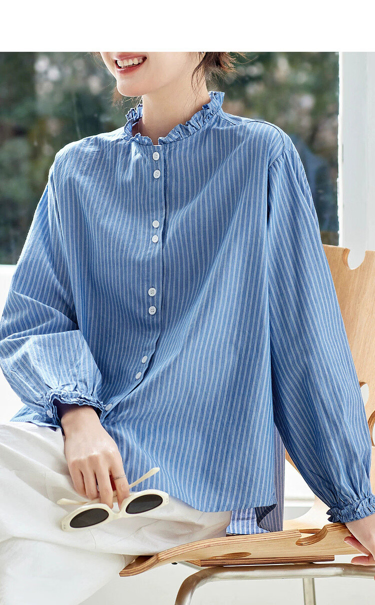 Demana [Pure Cotton Whisper] Spring Korean Style Lace Stand Collar Striped Loose Long Sleeve Commuter Shirt Women's Top 5