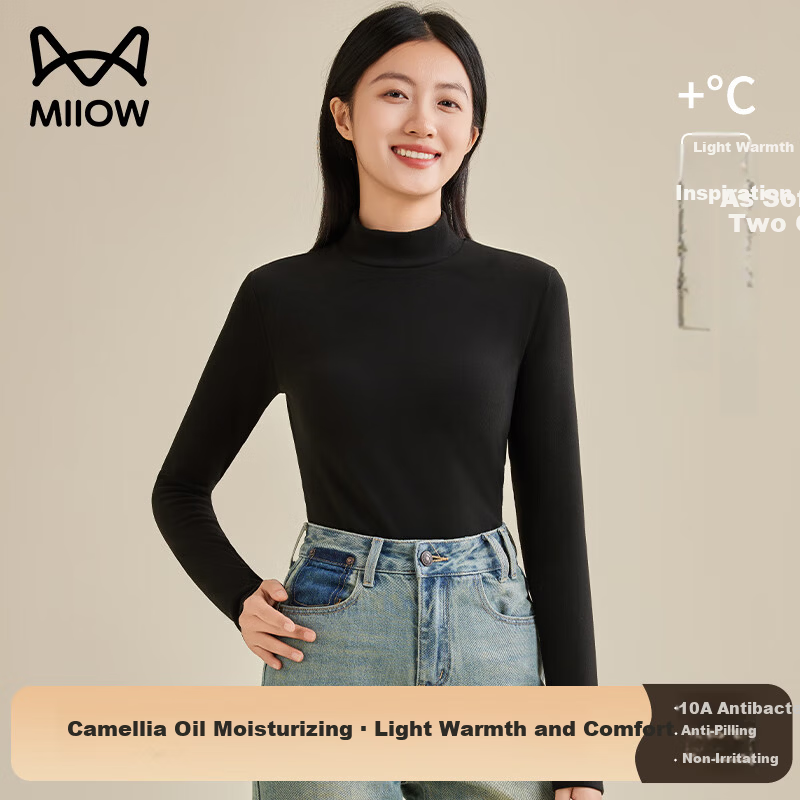 MiiOW Black Half Turtleneck Fleece-Lined Thickened Autumn Winter Warm Long Sleeve Women's Base Layer Top