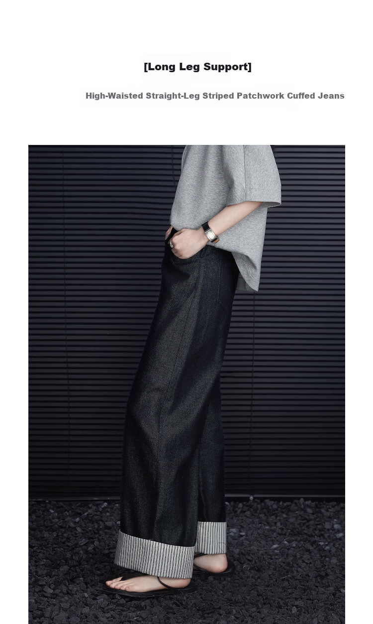 Demana [Cloud Feel Cotton Blend] Spring High-Waist Straight-Leg Striped Patchwork Cuffed Petite Elegant Women's Jeans 5