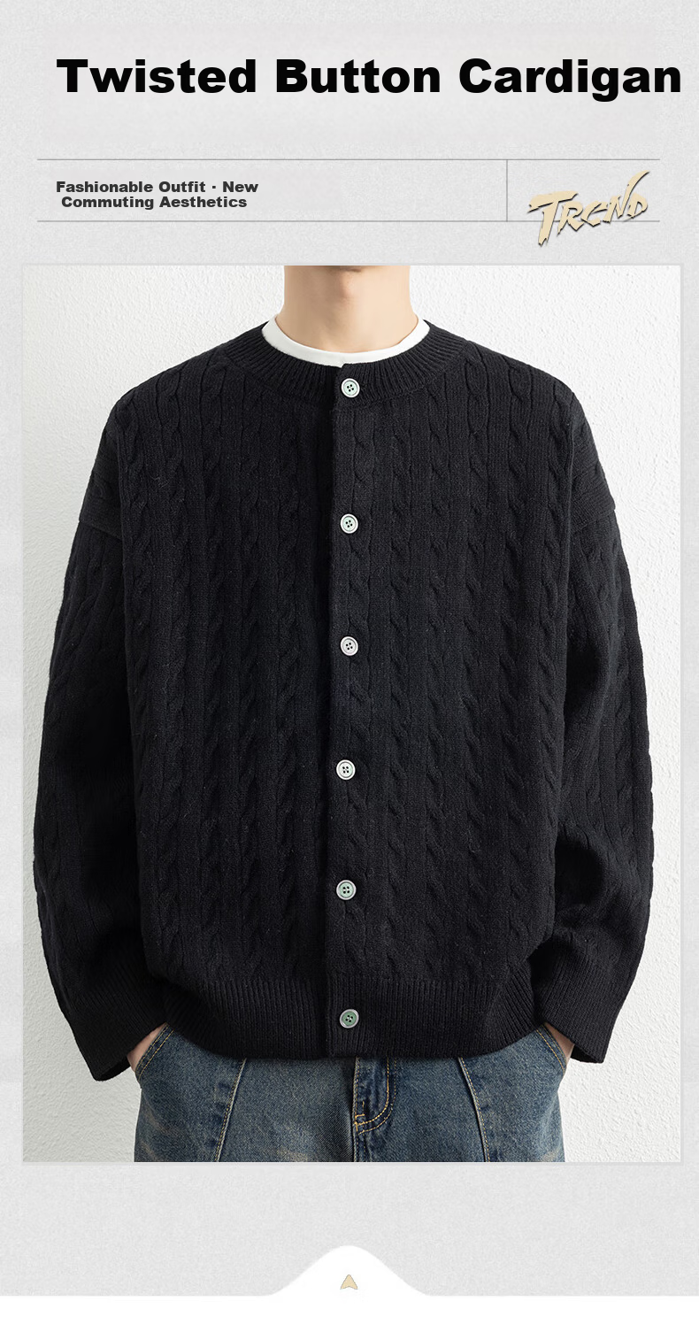 ROMON Men's Knitted Cardigan Spring Autumn Casual Loose Drop Shoulder Sweater Round Neck Jacket Black M 7001 2
